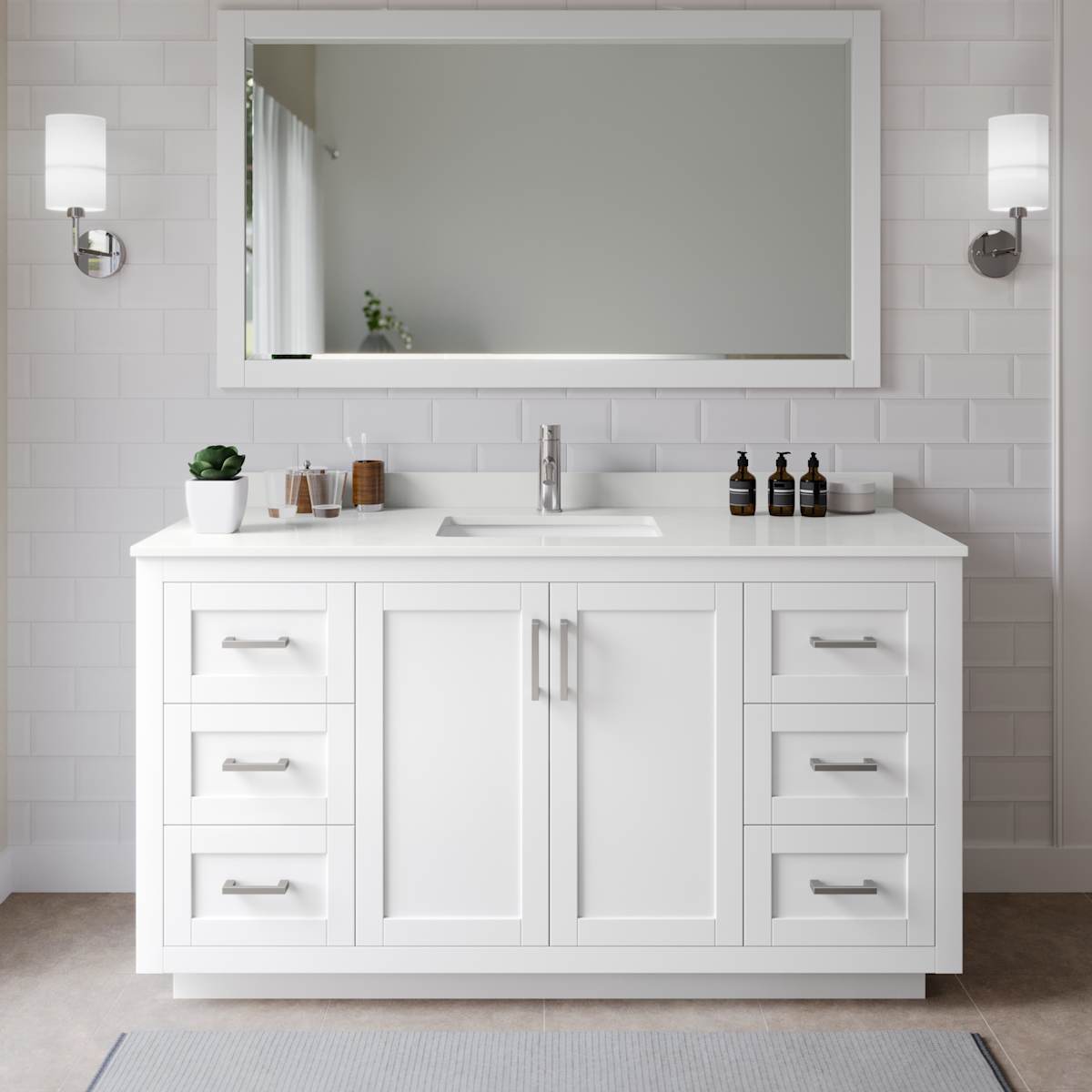 Miranda 66" Free Standing Single Basin Vanity Set with Cabinet, Quartz Vanity Top, and Framed Mirror - image 1