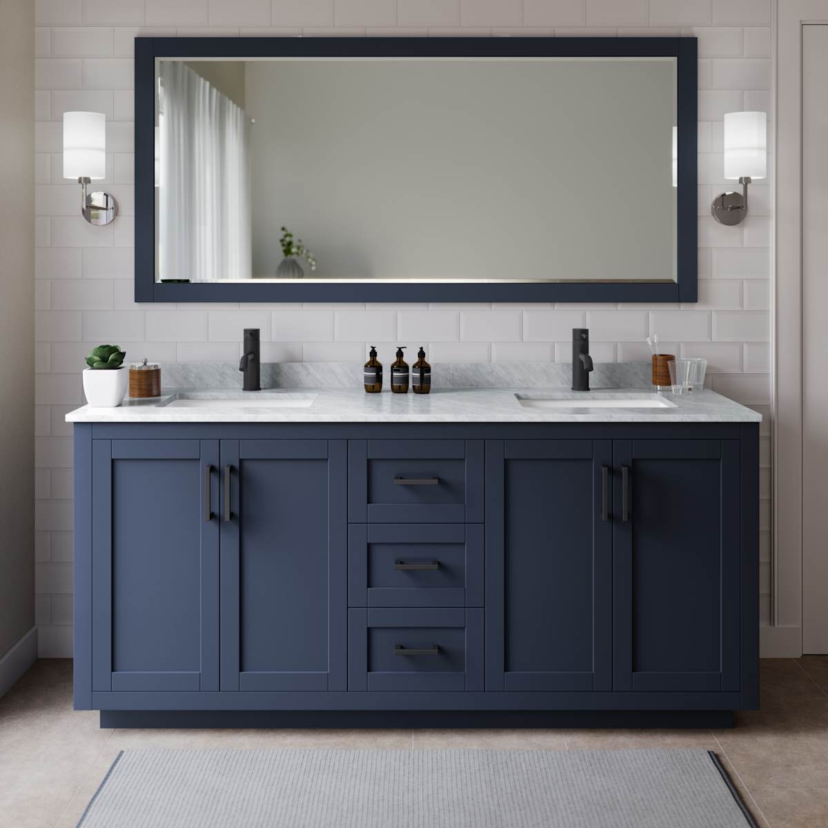 Miranda 72" Free Standing Double Basin Vanity Set with Cabinet, Marble Vanity Top, and Framed Mirror - image 1