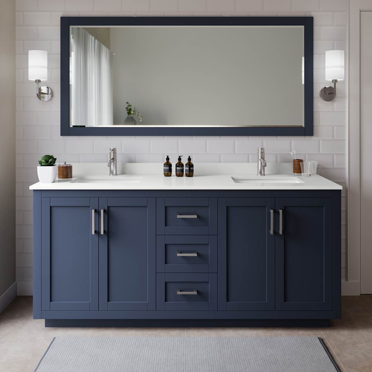 Miranda 72" Free Standing Double Basin Vanity Set with Cabinet, Quartz Vanity Top, and Framed Mirror - image 1