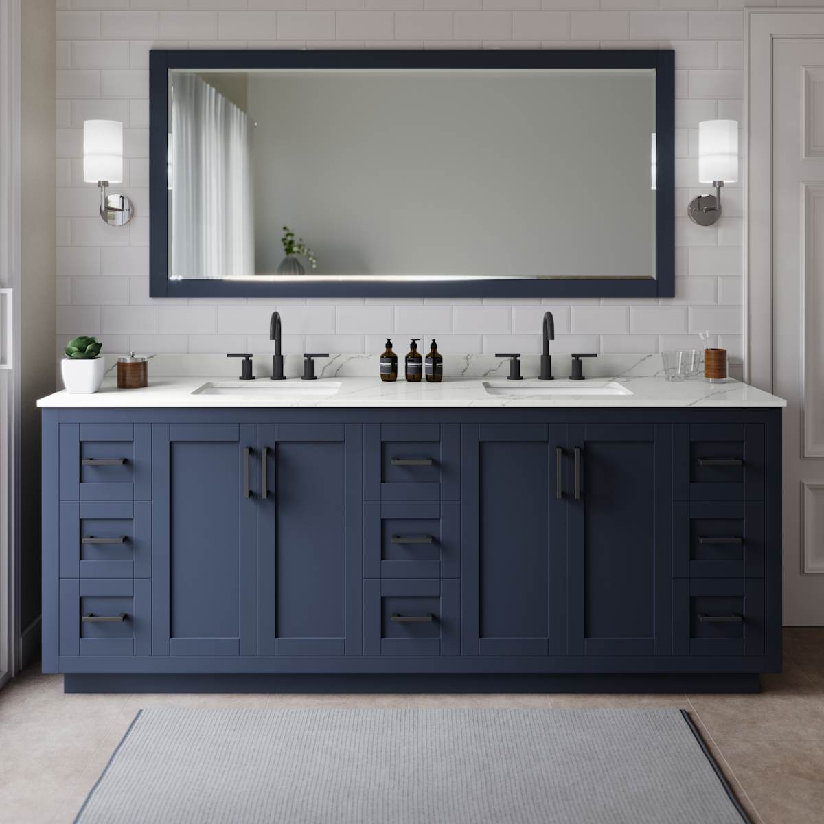 Miranda 84" Free Standing Double Basin Vanity Set with Cabinet, Quartz Vanity Top, and Framed Mirror
