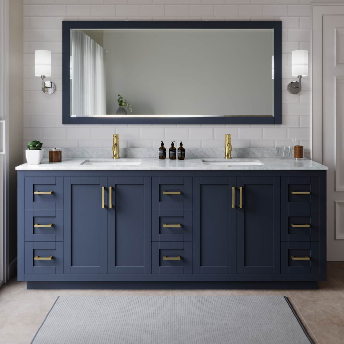 Miranda 84" Free Standing Double Basin Vanity Set with Cabinet, Marble Vanity Top, and Framed Mirror - image 1