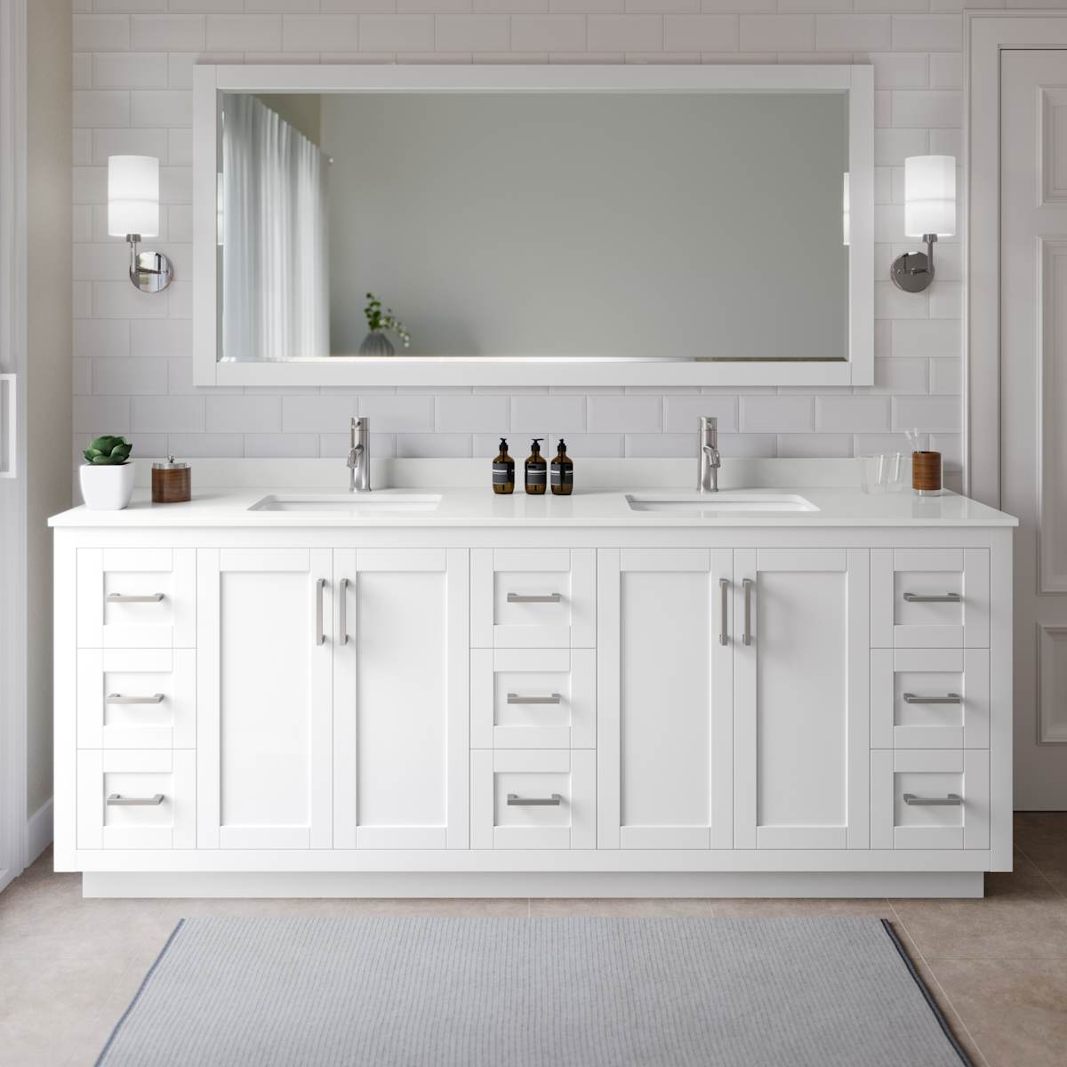 Miranda 84" Free Standing Double Basin Vanity Set with Cabinet, Quartz Vanity Top, and Framed Mirror - image 1