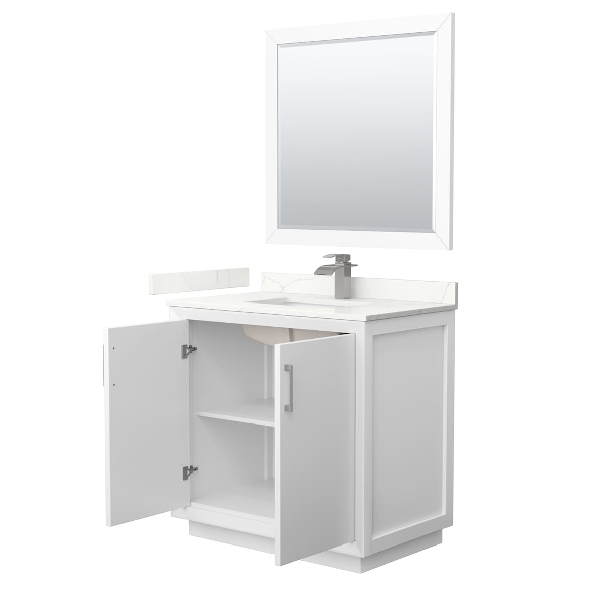 Strada 36" Free Standing Single Basin Vanity Set with Cabinet, Quartz Vanity Top, and Framed Mirror