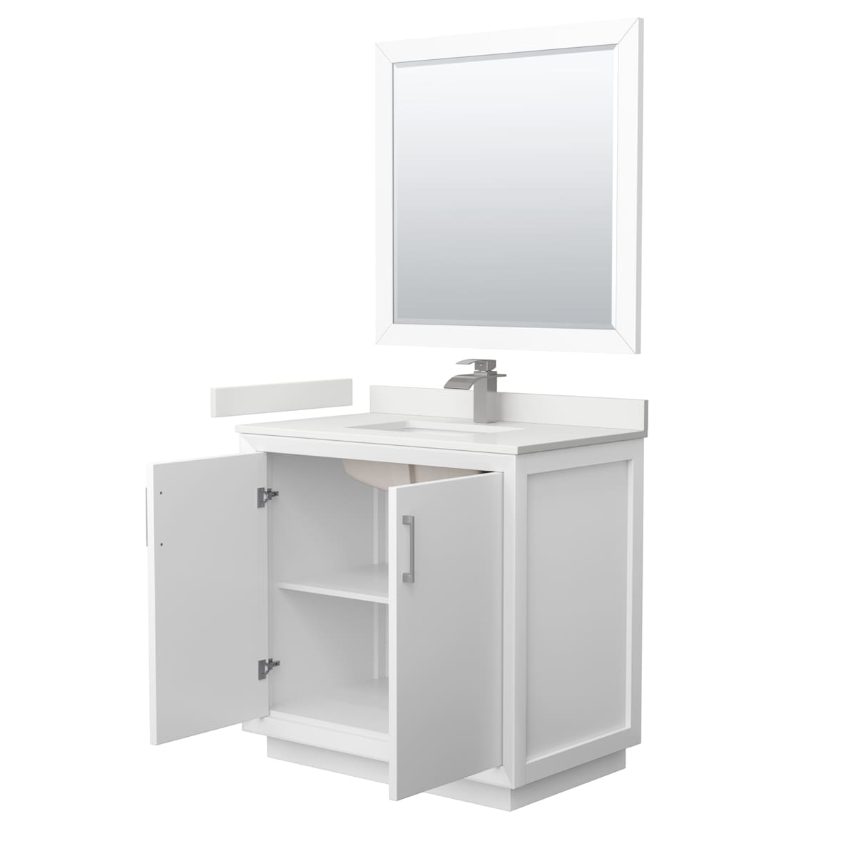 Strada 36" Free Standing Single Basin Vanity Set with Cabinet, Quartz Vanity Top, and Framed Mirror