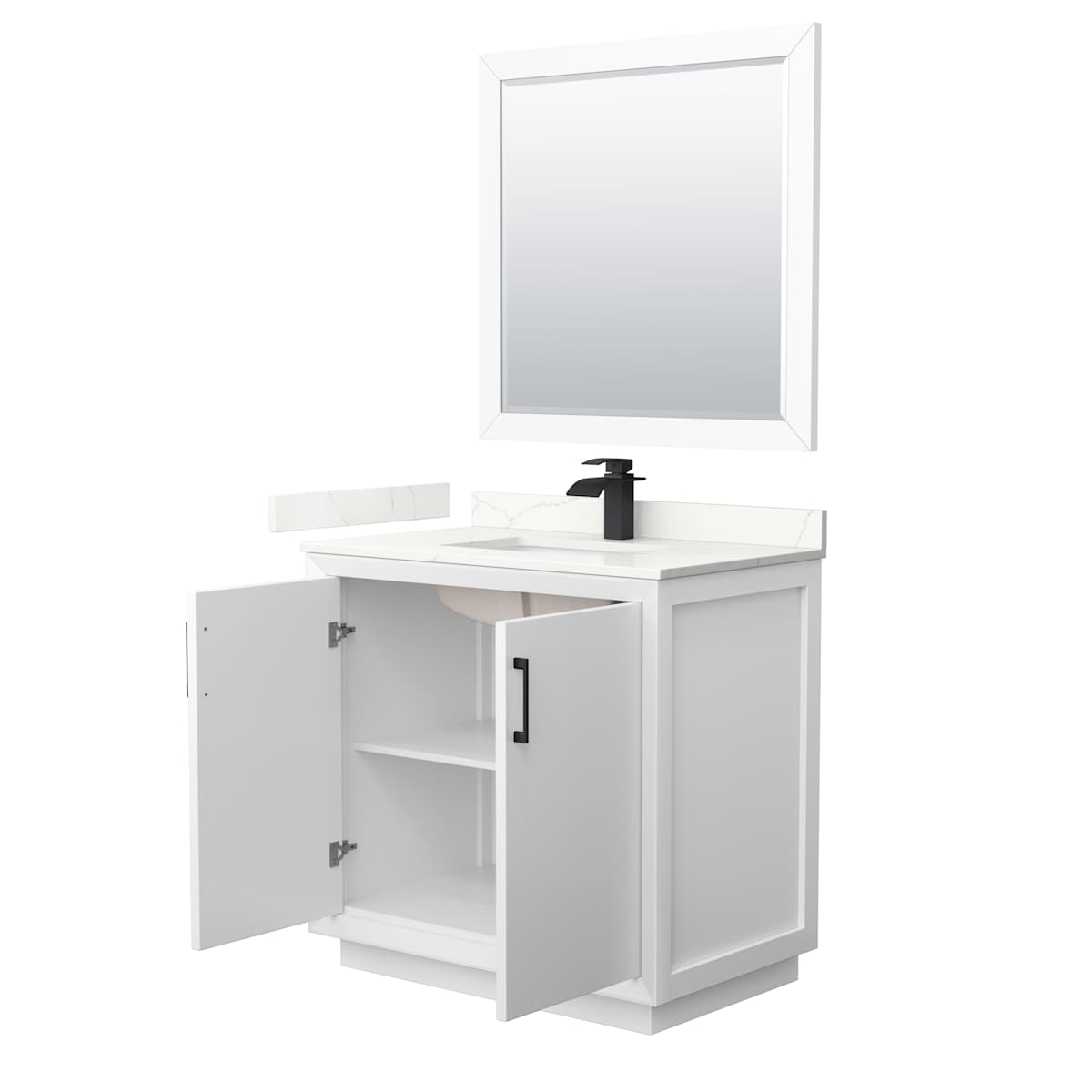 Strada 36" Free Standing Single Basin Vanity Set with Cabinet, Quartz Vanity Top, and Framed Mirror