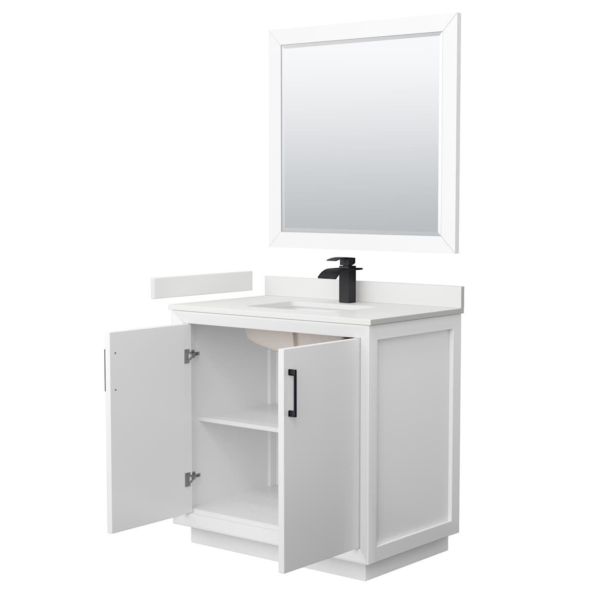 Strada 36" Free Standing Single Basin Vanity Set with Cabinet, Quartz Vanity Top, and Framed Mirror