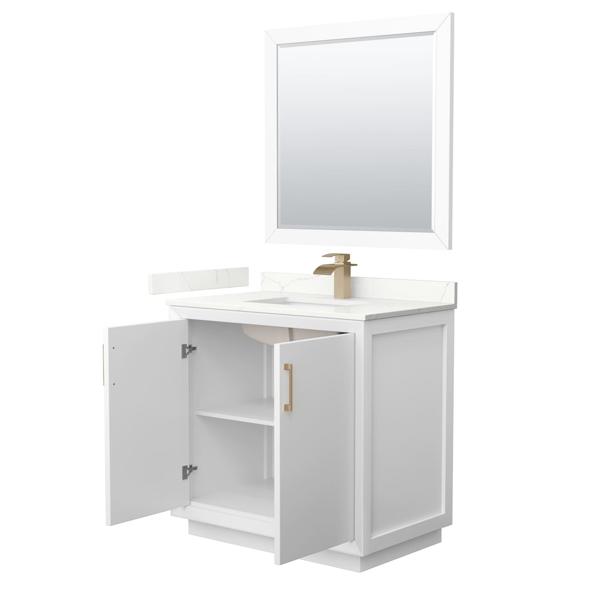 Strada 36" Free Standing Single Basin Vanity Set with Cabinet, Quartz Vanity Top, and Framed Mirror