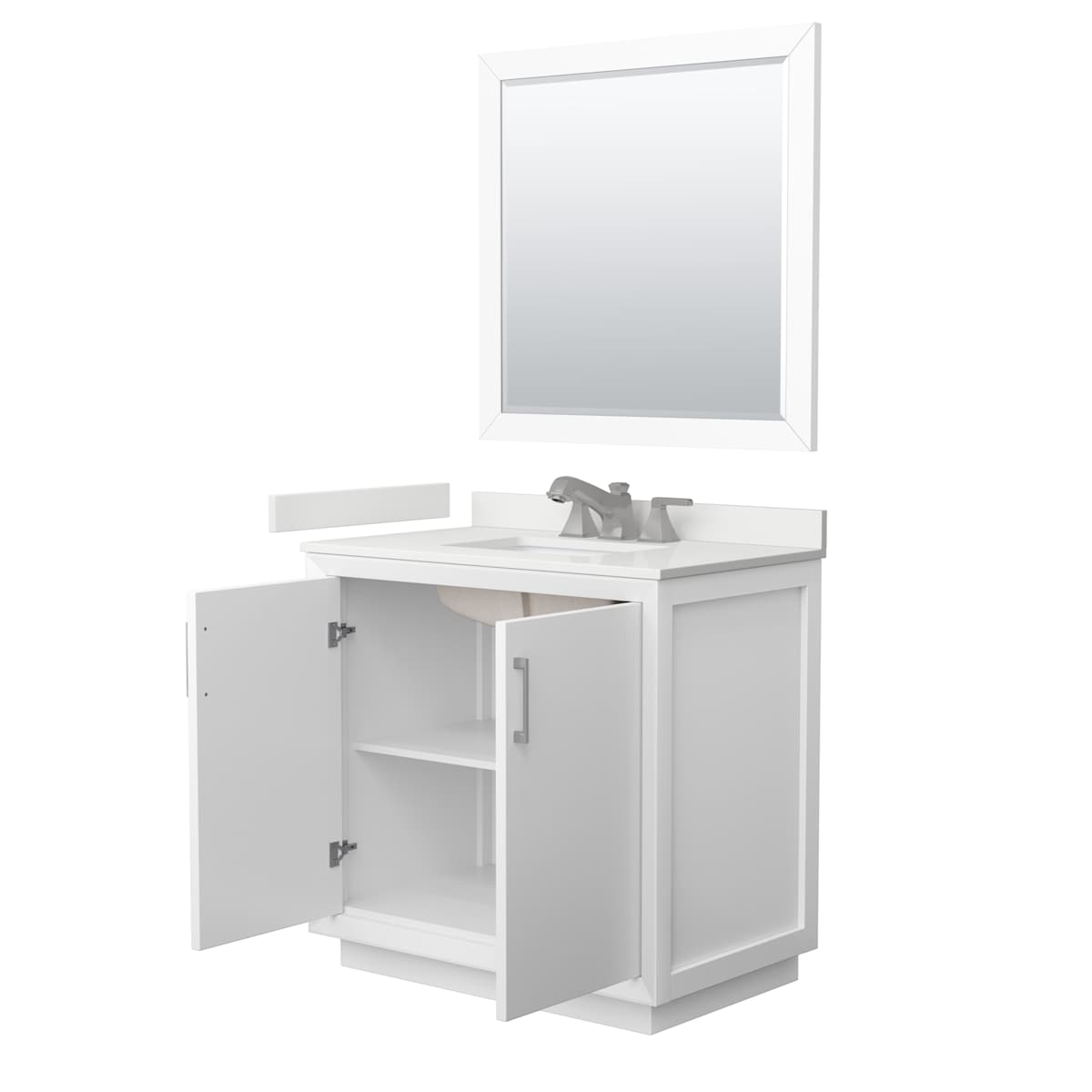 Strada 36" Free Standing Single Basin Vanity Set with Cabinet, Quartz Vanity Top, and Framed Mirror