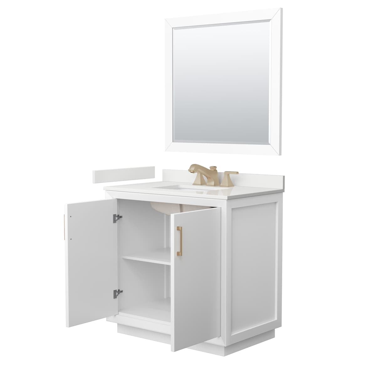 Strada 36" Free Standing Single Basin Vanity Set with Cabinet, Quartz Vanity Top, and Framed Mirror