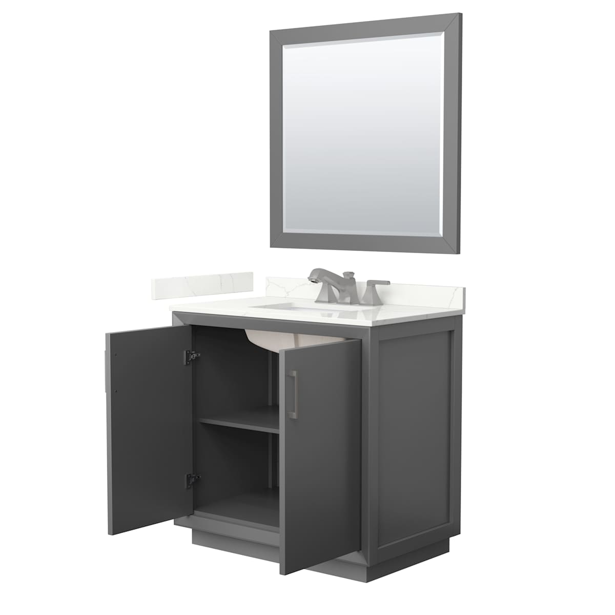 Strada 36" Free Standing Single Basin Vanity Set with Cabinet, Quartz Vanity Top, and Framed Mirror