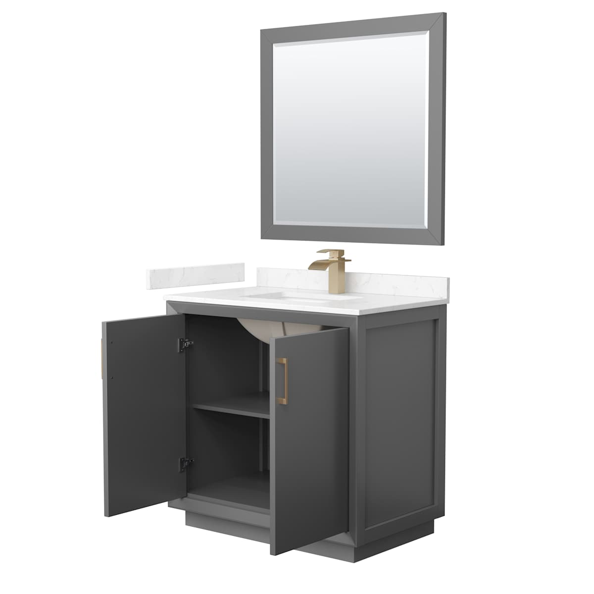 Strada 36" Free Standing Single Basin Vanity Set with Cabinet, Cultured Marble Vanity Top, and Framed Mirror