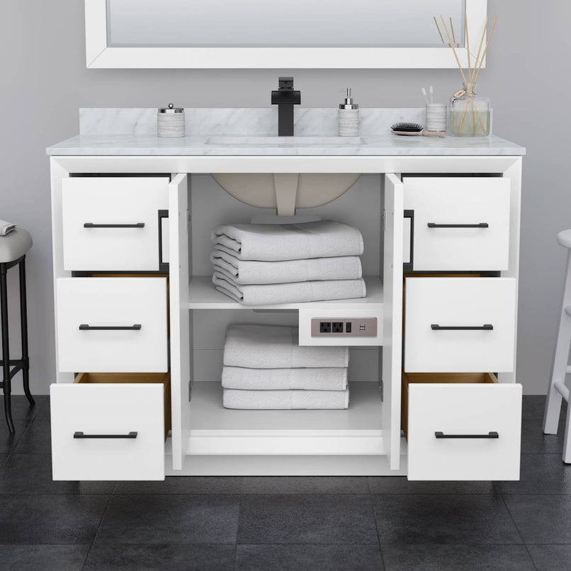 Strada 48" Free Standing Single Basin Vanity Set with Cabinet, Quartz Vanity Top, and Framed Mirror - image 3