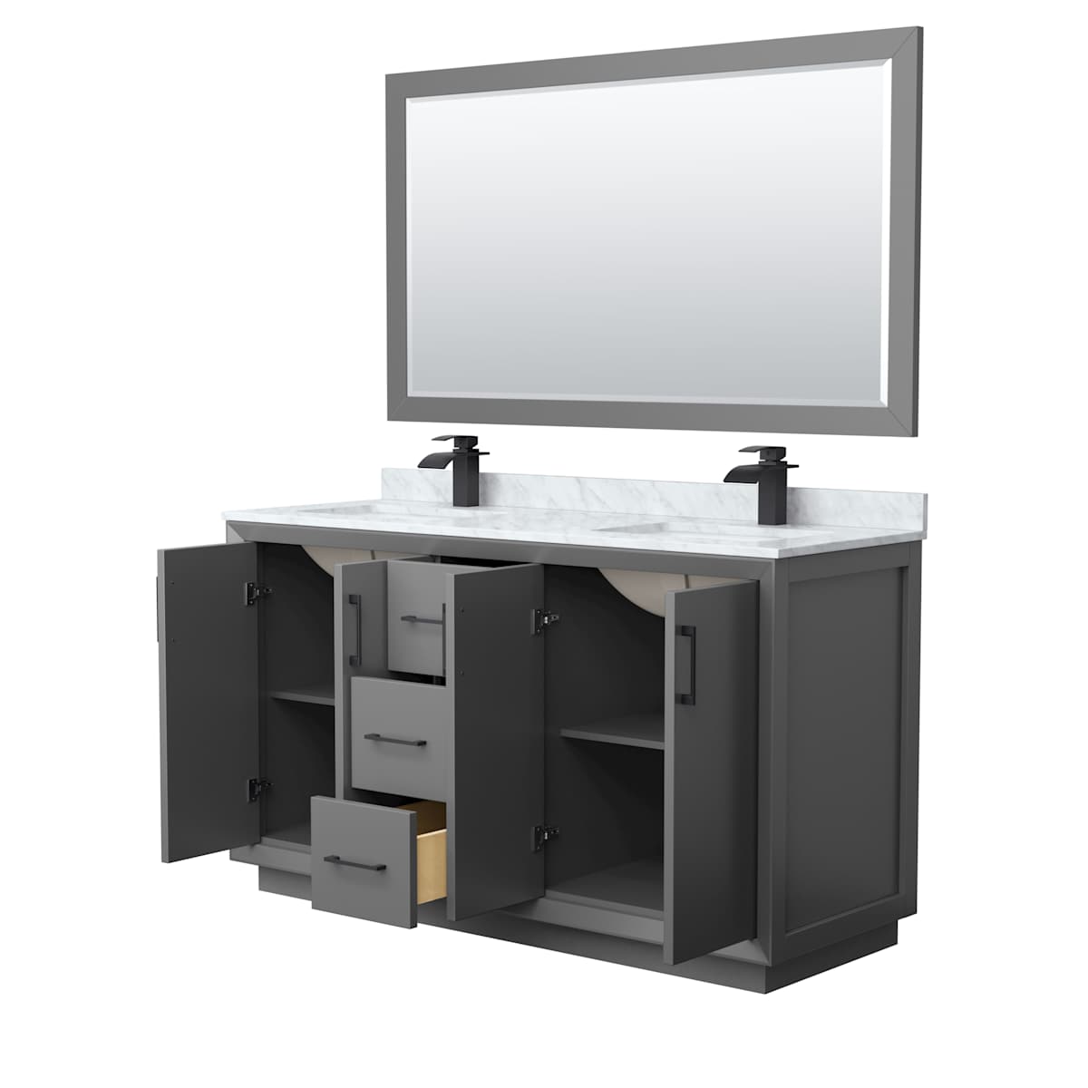 Strada 60" Free Standing Double Basin Vanity Set with Cabinet, Marble Vanity Top, and Framed Mirror