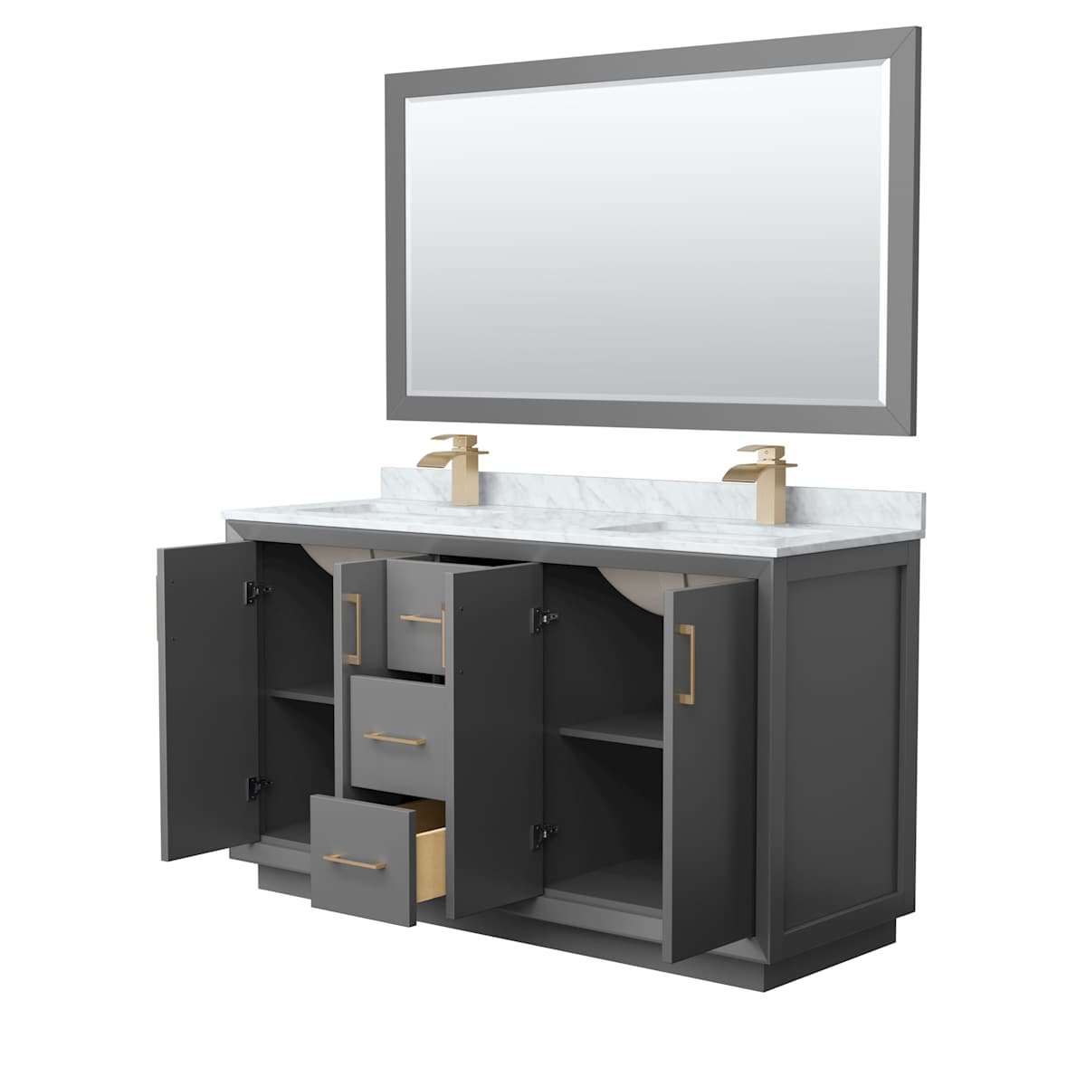 Strada 60" Free Standing Double Basin Vanity Set with Cabinet, Marble Vanity Top, and Framed Mirror