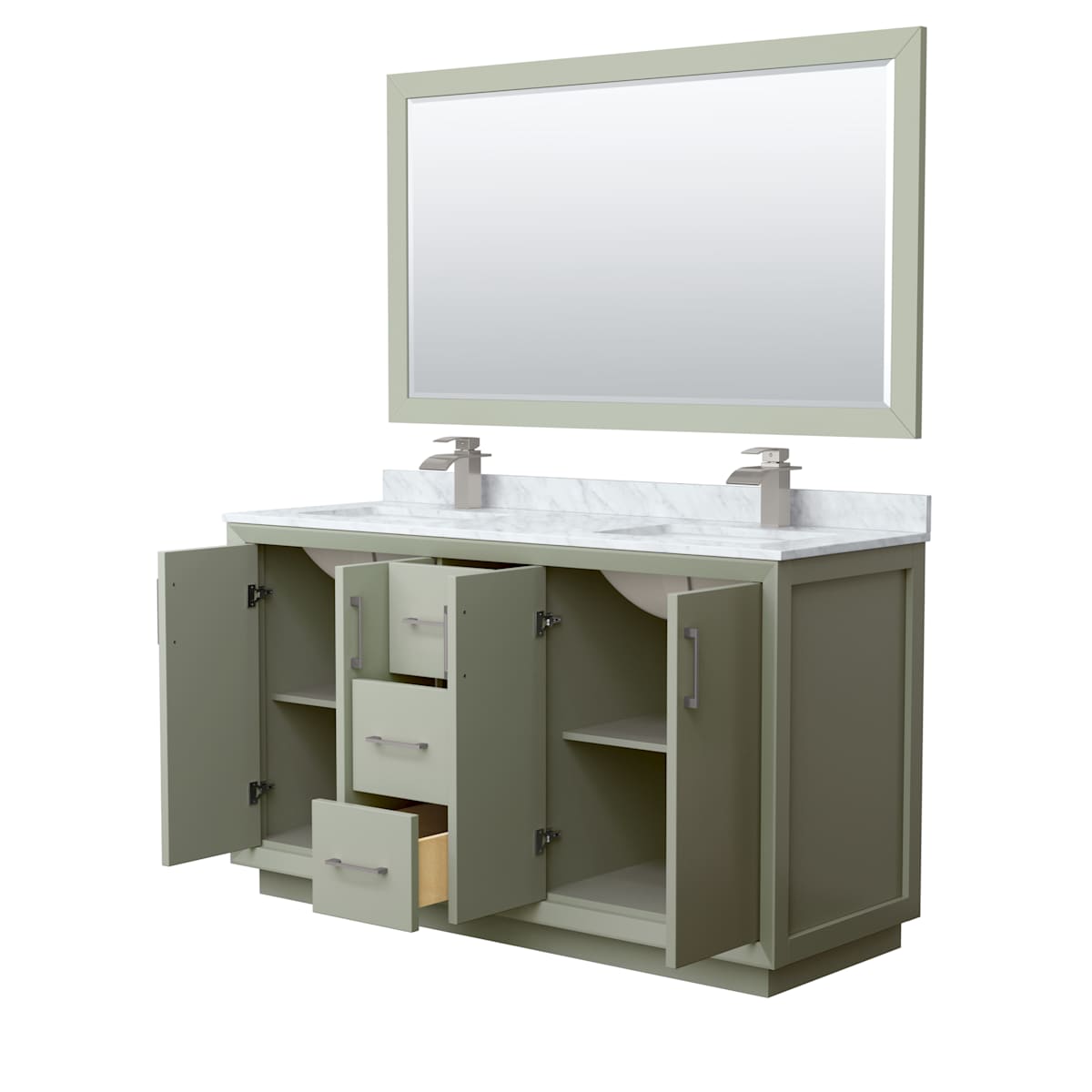 Strada 60" Free Standing Double Basin Vanity Set with Cabinet, Marble Vanity Top, and Framed Mirror