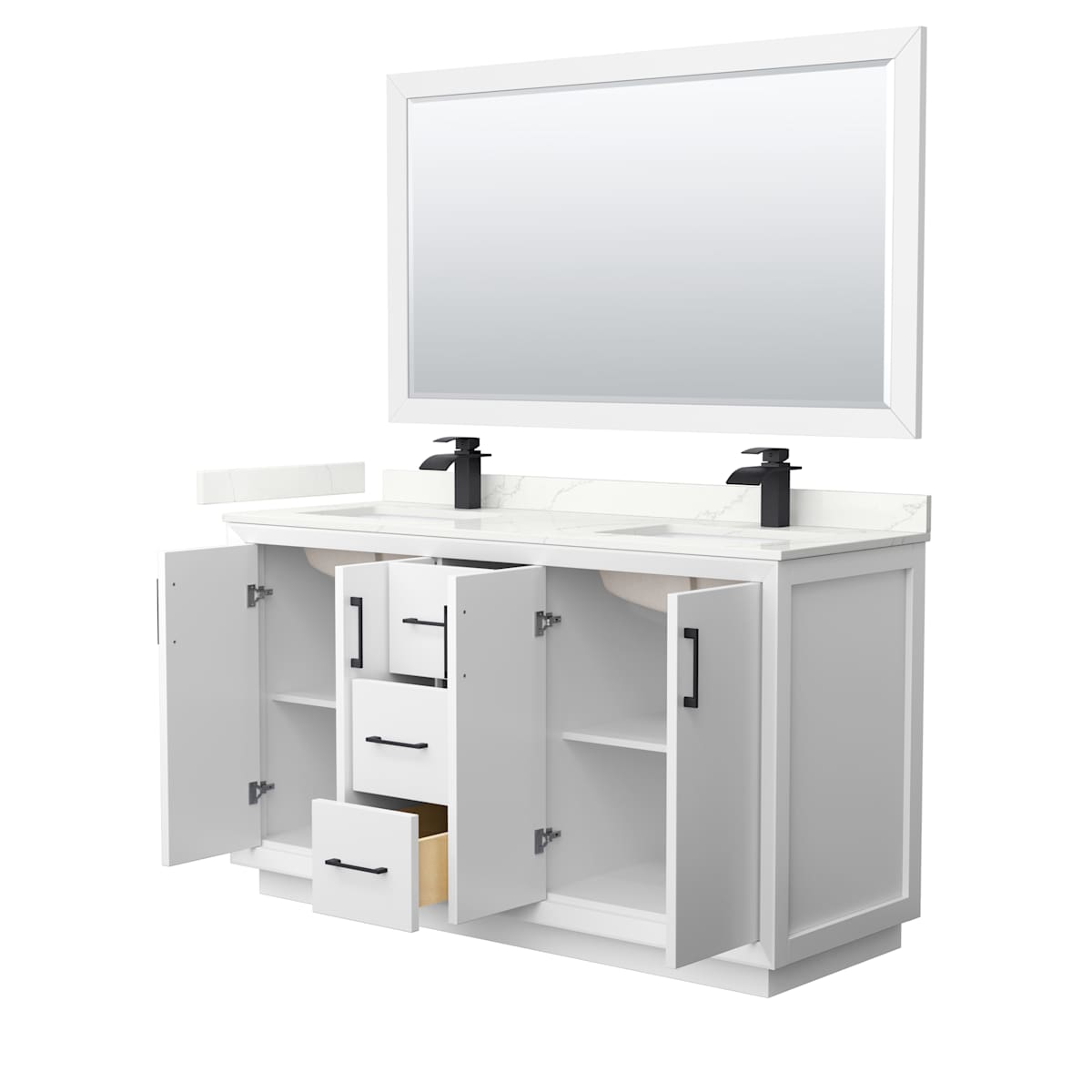 Strada 60" Free Standing Double Basin Vanity Set with Cabinet, Quartz Vanity Top, and Framed Mirror