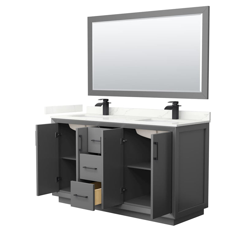 Strada 60" Free Standing Double Basin Vanity Set with Cabinet, Quartz Vanity Top, and Framed Mirror - image 15