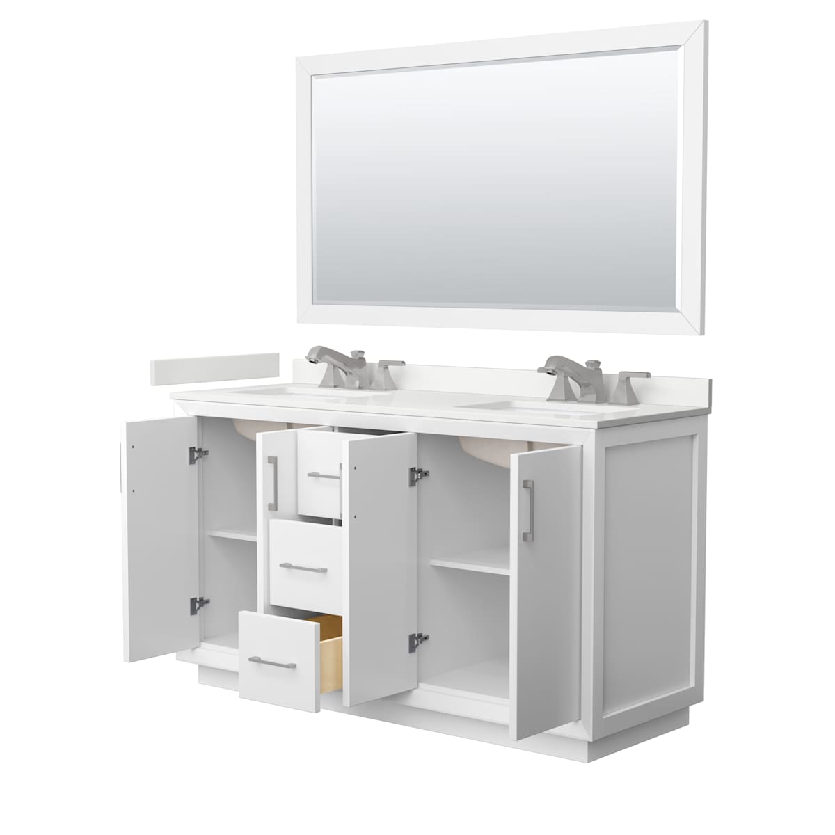 Strada 60" Free Standing Double Basin Vanity Set with Cabinet, Quartz Vanity Top, and Framed Mirror