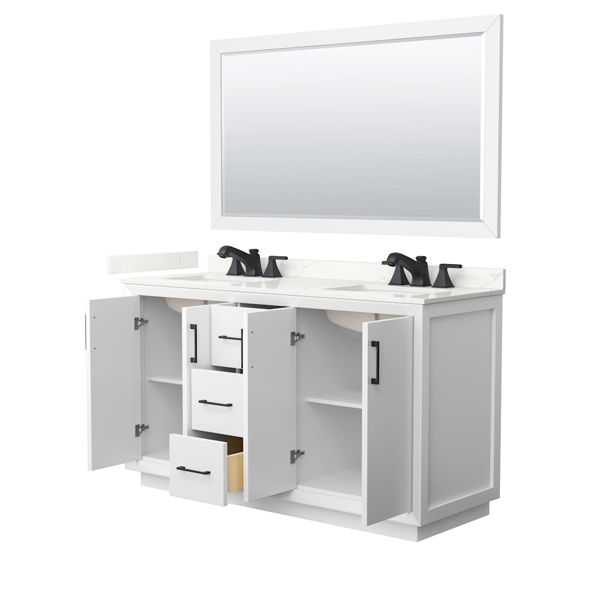 Strada 60" Free Standing Double Basin Vanity Set with Cabinet, Quartz Vanity Top, and Framed Mirror