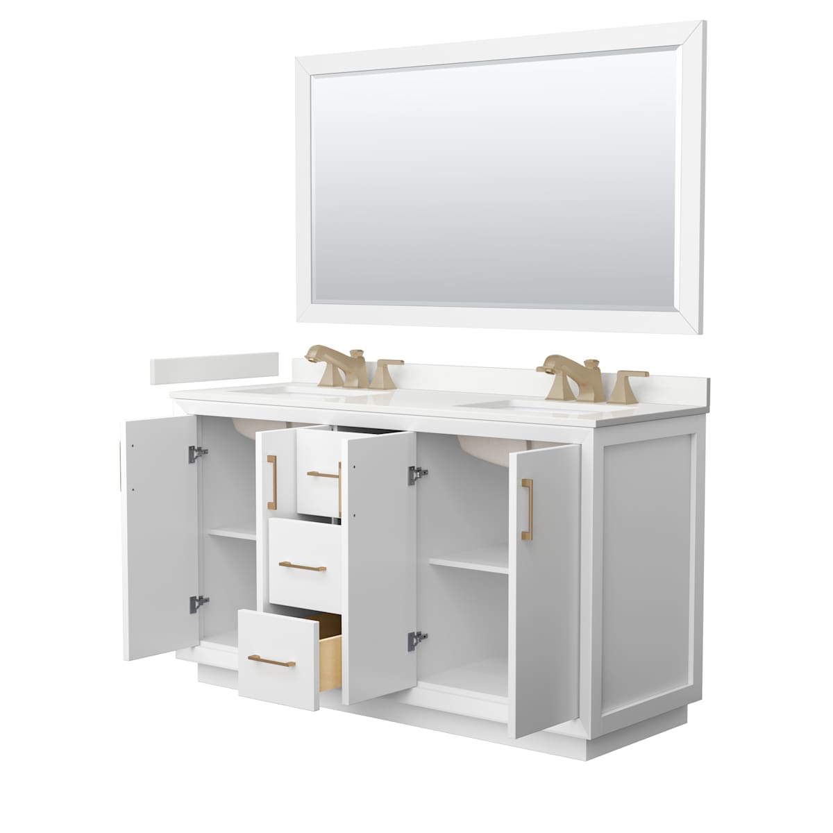 Strada 60" Free Standing Double Basin Vanity Set with Cabinet, Quartz Vanity Top, and Framed Mirror
