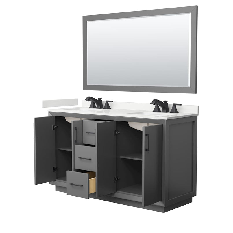 Strada 60" Free Standing Double Basin Vanity Set with Cabinet, Quartz Vanity Top, and Framed Mirror - image 15