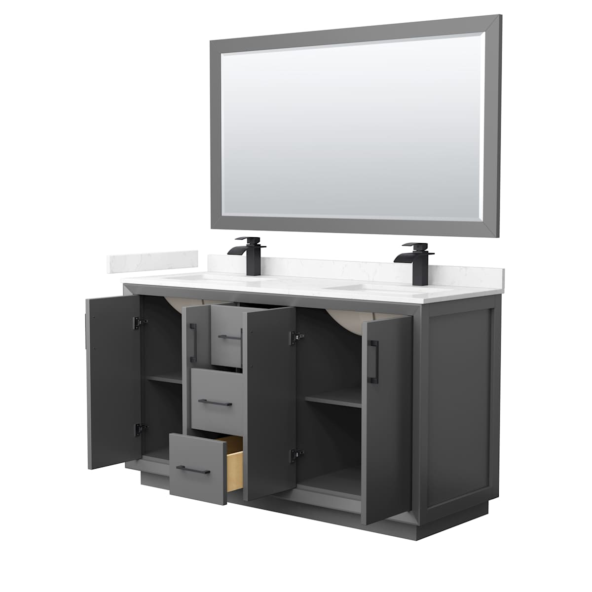 Strada 60" Free Standing Double Basin Vanity Set with Cabinet, Cultured Marble Vanity Top, and Framed Mirror