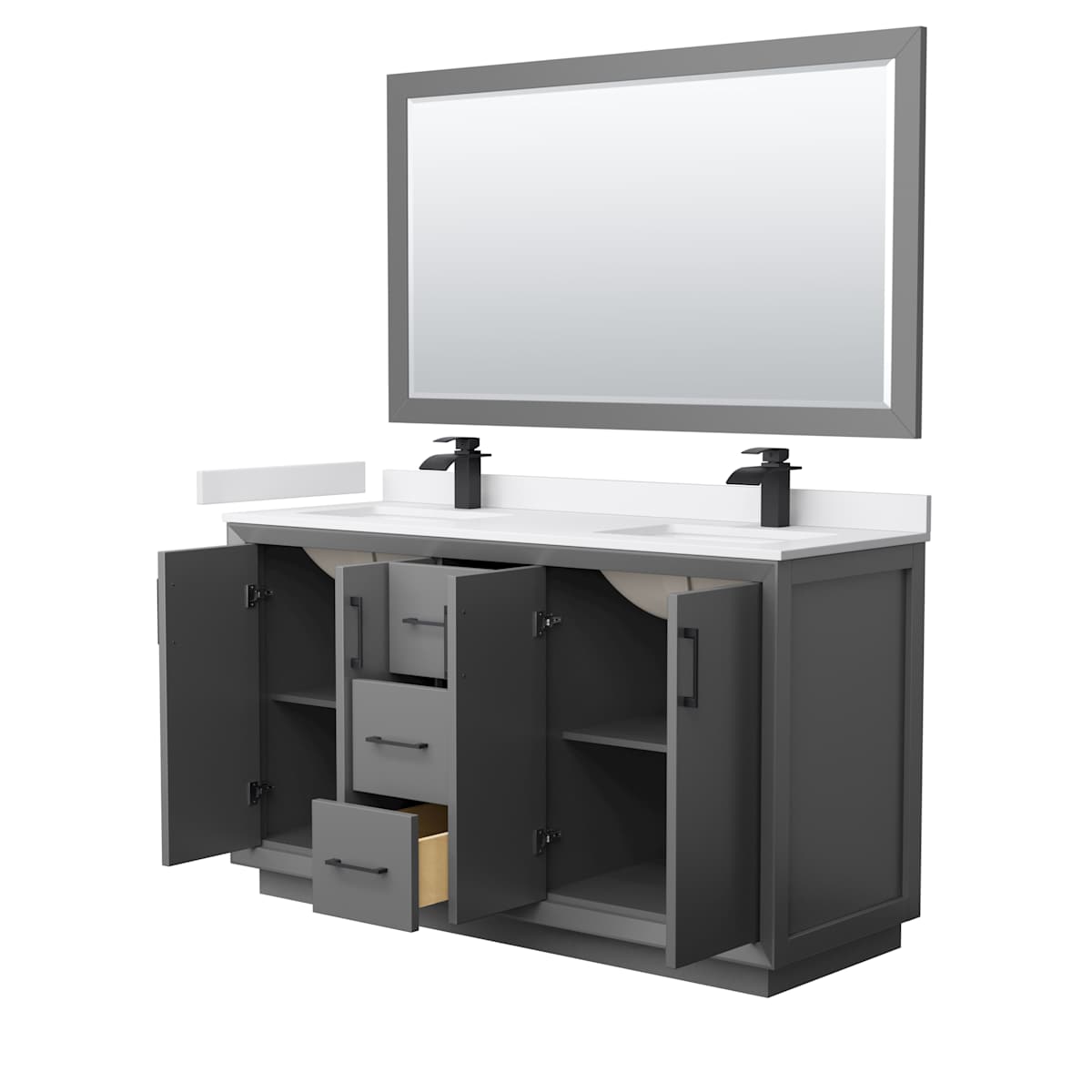 Strada 60" Free Standing Double Basin Vanity Set with Cabinet, Cultured Marble Vanity Top, and Framed Mirror