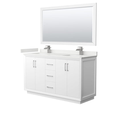 Strada 60" Free Standing Double Basin Vanity Set with Cabinet, Quartz Vanity Top, and Framed Mirror - image 1
