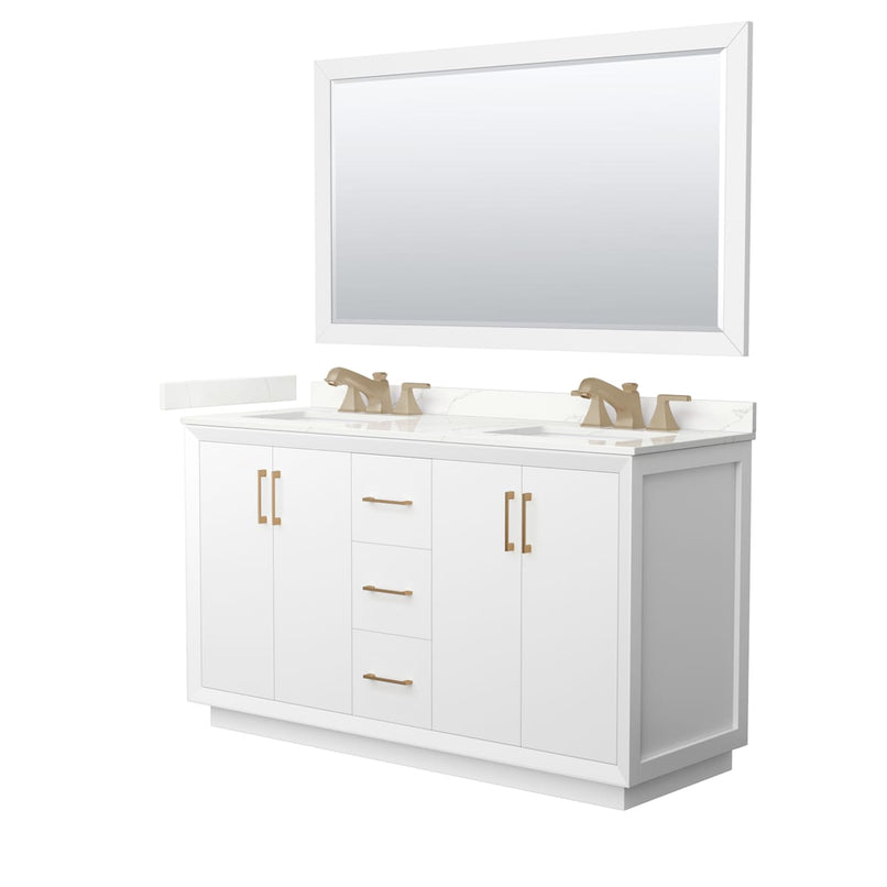 Strada 60" Free Standing Double Basin Vanity Set with Cabinet, Quartz Vanity Top, and Framed Mirror - image 1
