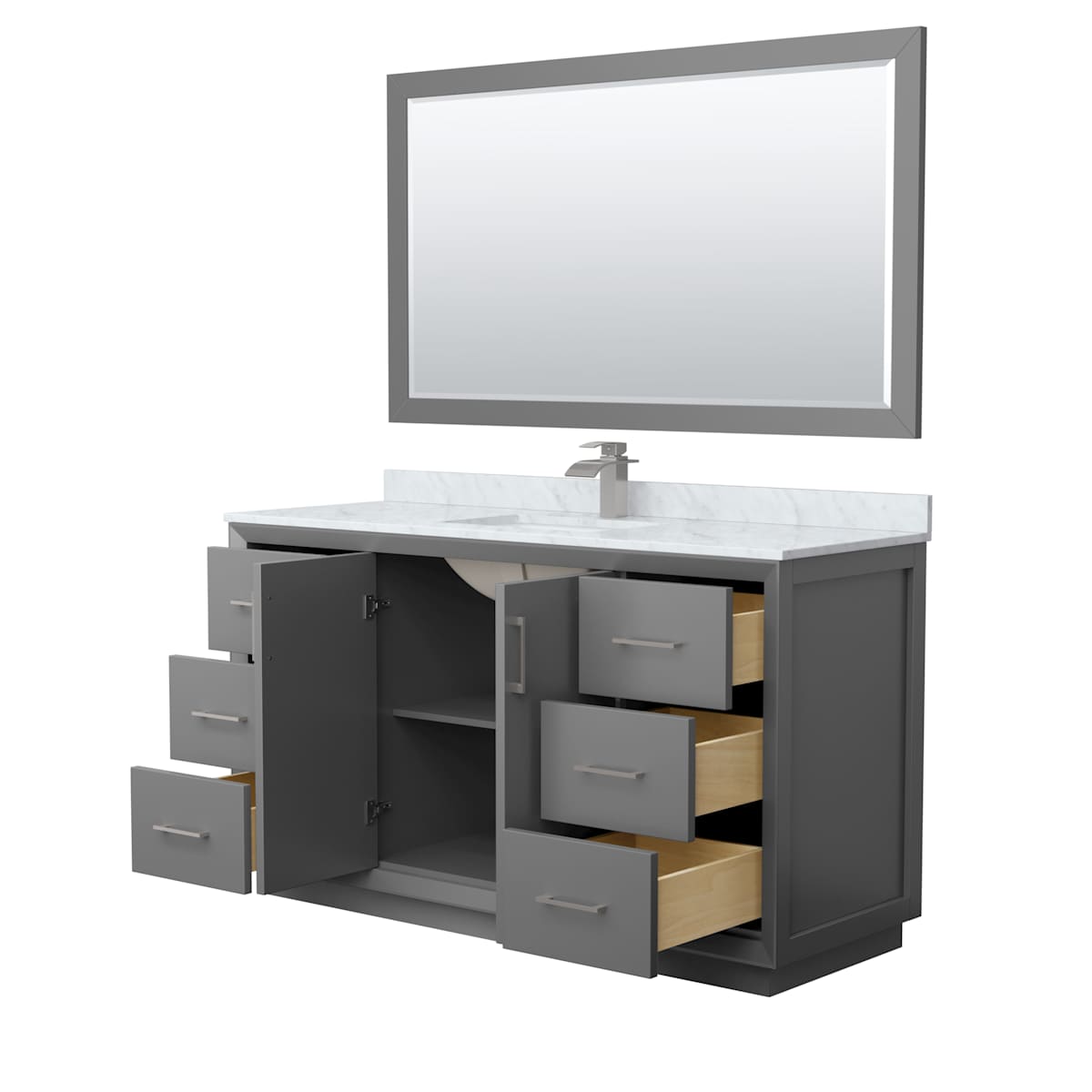 Strada 60" Free Standing Single Basin Vanity Set with Cabinet, Marble Vanity Top, and Framed Mirror
