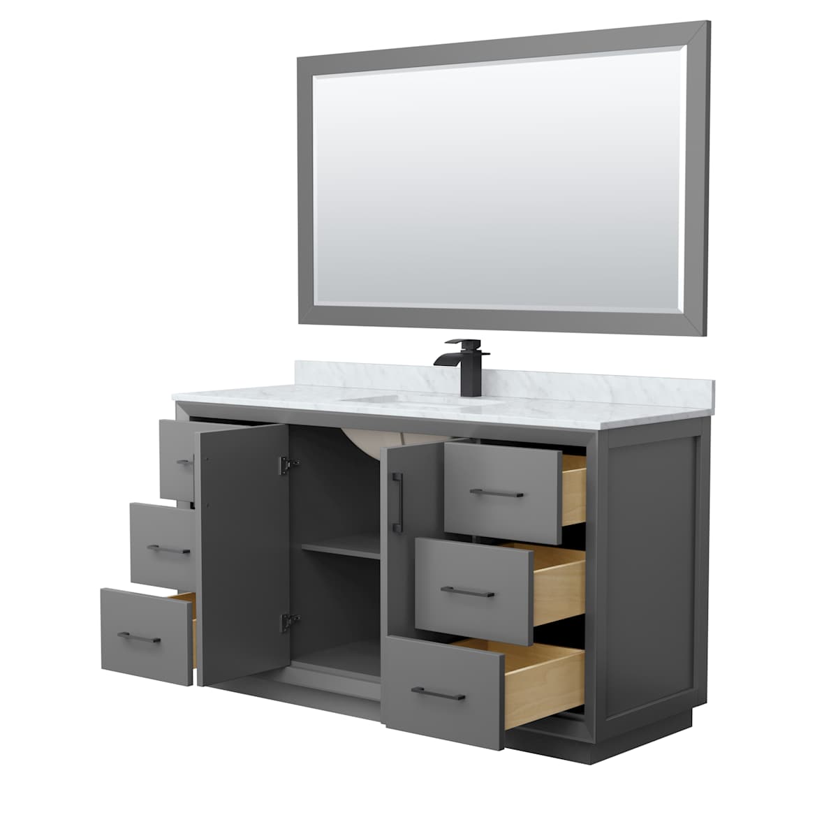 Strada 60" Free Standing Single Basin Vanity Set with Cabinet, Marble Vanity Top, and Framed Mirror
