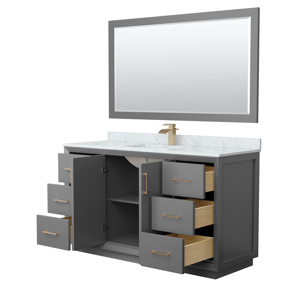 Strada 60" Free Standing Single Basin Vanity Set with Cabinet, Marble Vanity Top, and Framed Mirror