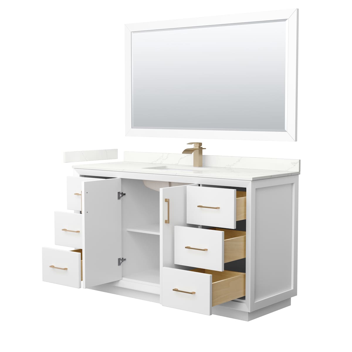 Strada 60" Free Standing Single Basin Vanity Set with Cabinet, Quartz Vanity Top, and Framed Mirror