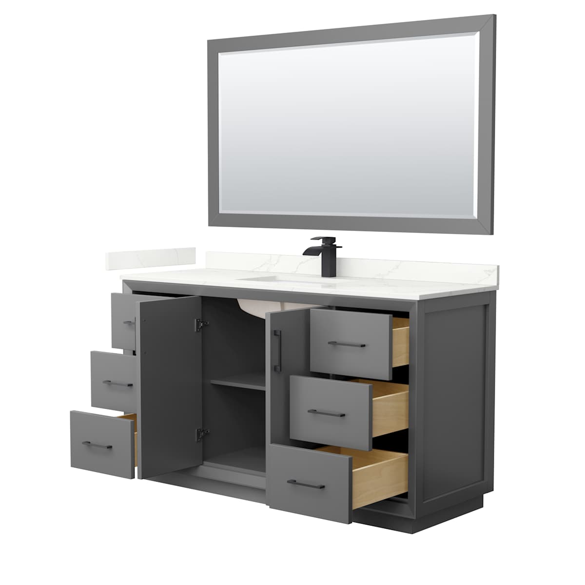 Strada 60" Free Standing Single Basin Vanity Set with Cabinet, Quartz Vanity Top, and Framed Mirror - image 14