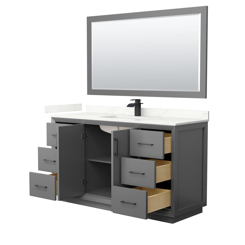 Strada 60" Free Standing Single Basin Vanity Set with Cabinet, Quartz Vanity Top, and Framed Mirror - image 14