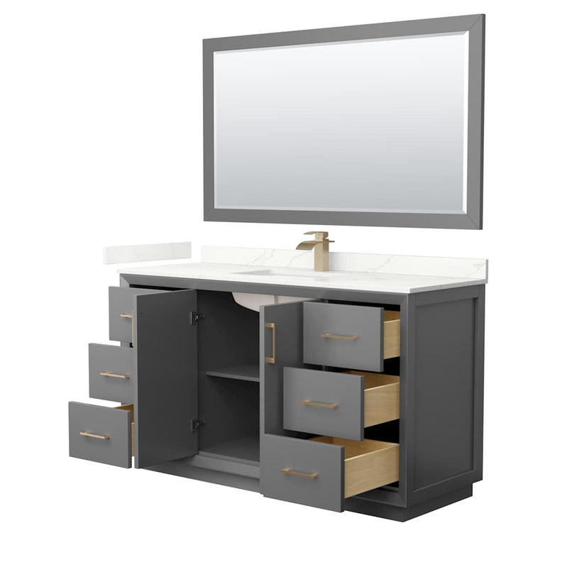 Strada 60" Free Standing Single Basin Vanity Set with Cabinet, Quartz Vanity Top, and Framed Mirror - image 16