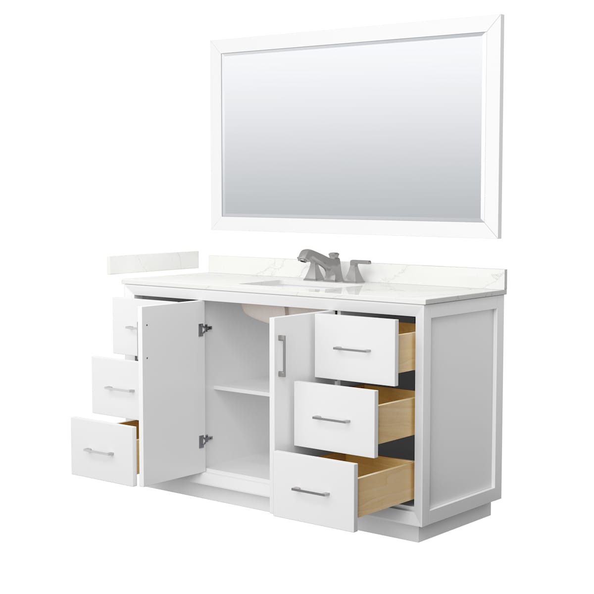 Strada 60" Free Standing Single Basin Vanity Set with Cabinet, Quartz Vanity Top, and Framed Mirror