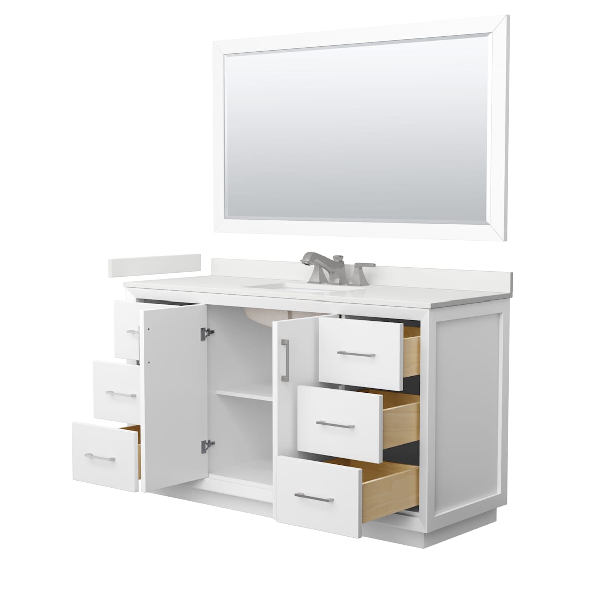Strada 60" Free Standing Single Basin Vanity Set with Cabinet, Quartz Vanity Top, and Framed Mirror