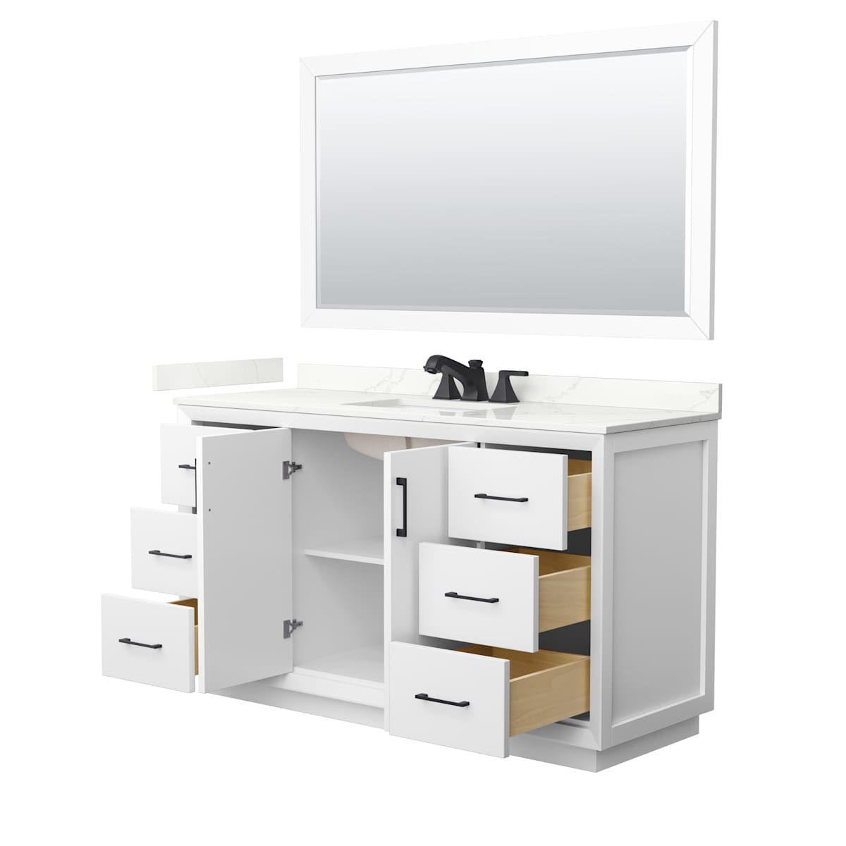 Strada 60" Free Standing Single Basin Vanity Set with Cabinet, Quartz Vanity Top, and Framed Mirror - image 10