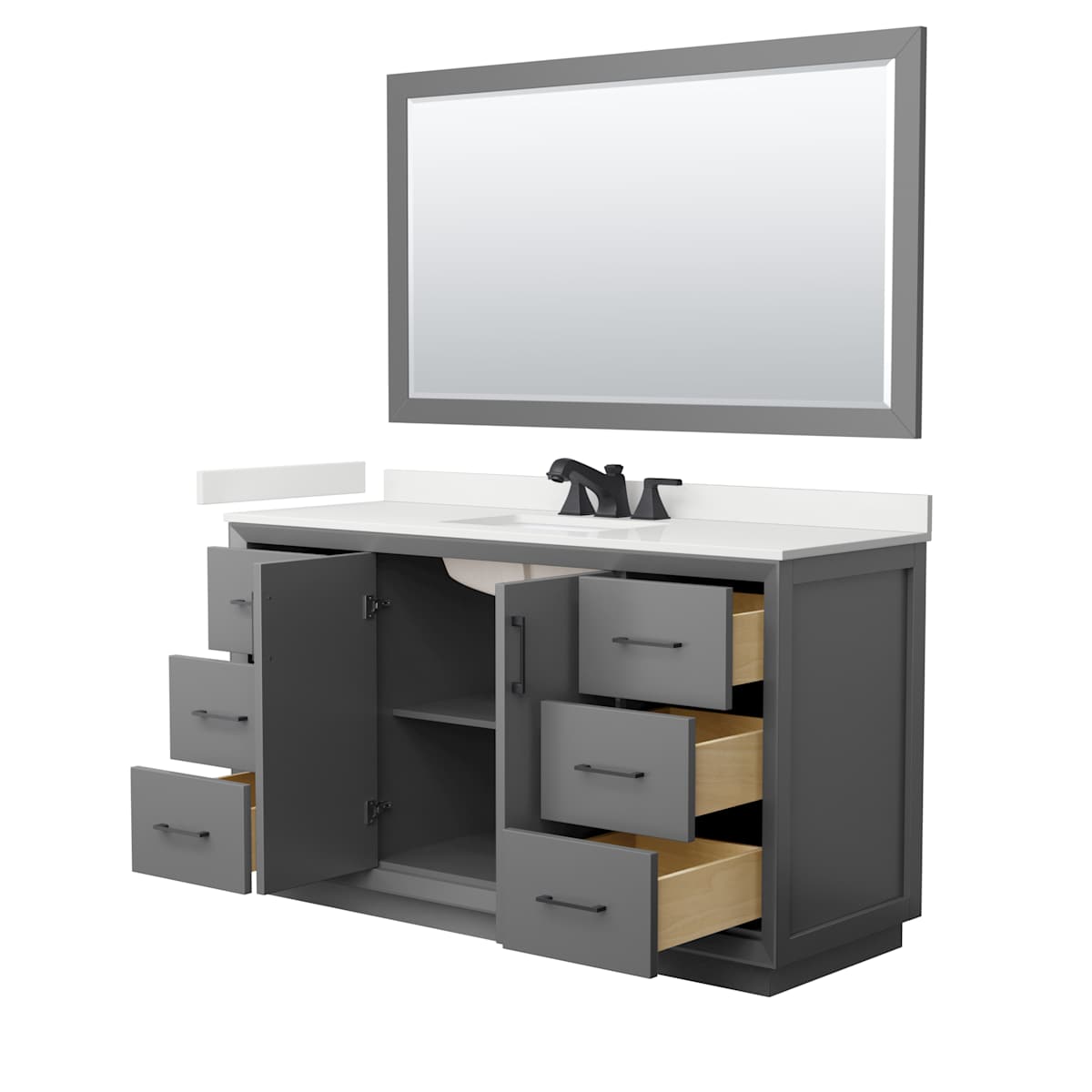 Strada 60" Free Standing Single Basin Vanity Set with Cabinet, Quartz Vanity Top, and Framed Mirror - image 14