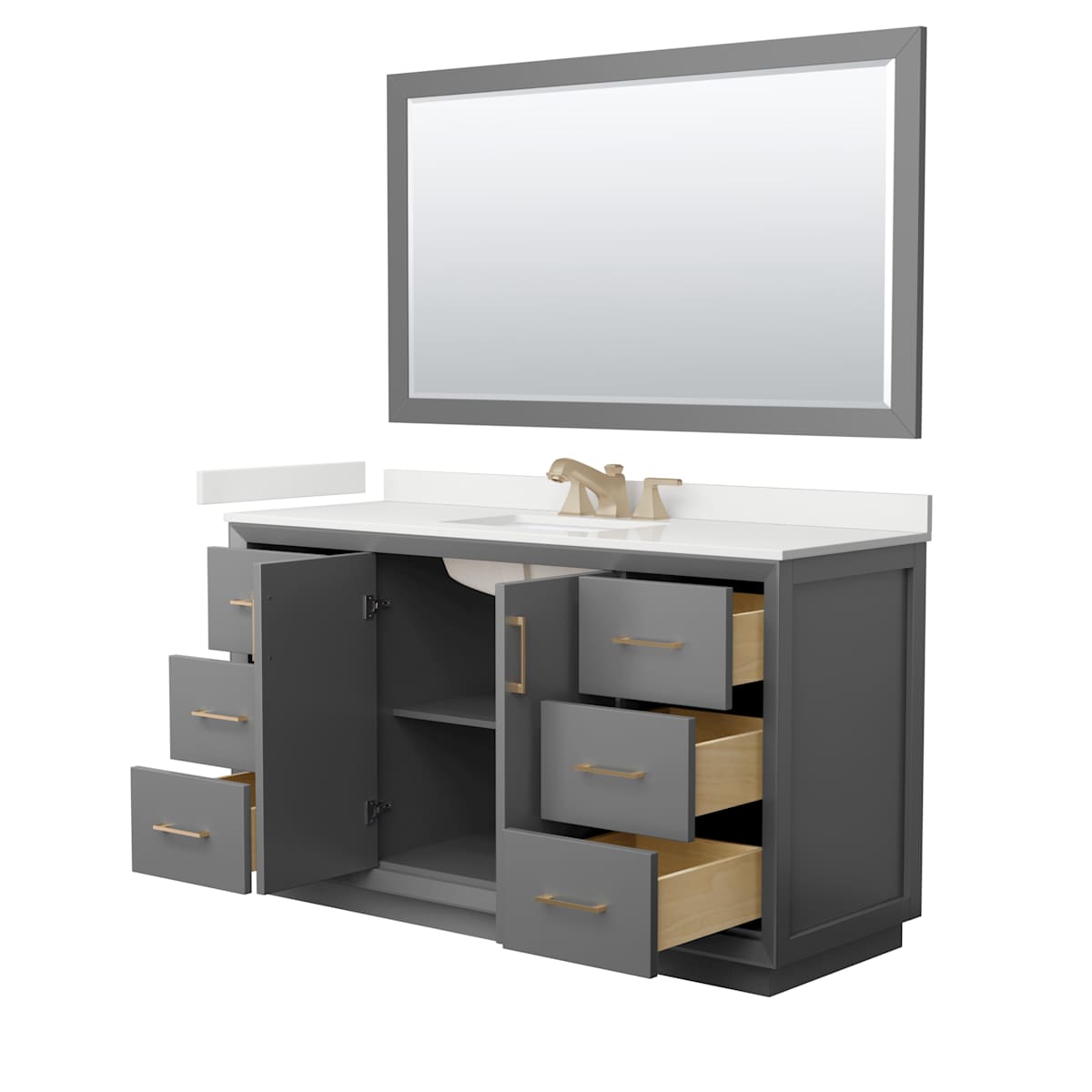 Strada 60" Free Standing Single Basin Vanity Set with Cabinet, Quartz Vanity Top, and Framed Mirror - image 16