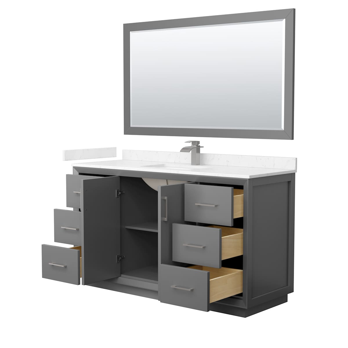 Strada 60" Free Standing Single Basin Vanity Set with Cabinet, Cultured Marble Vanity Top, and Framed Mirror