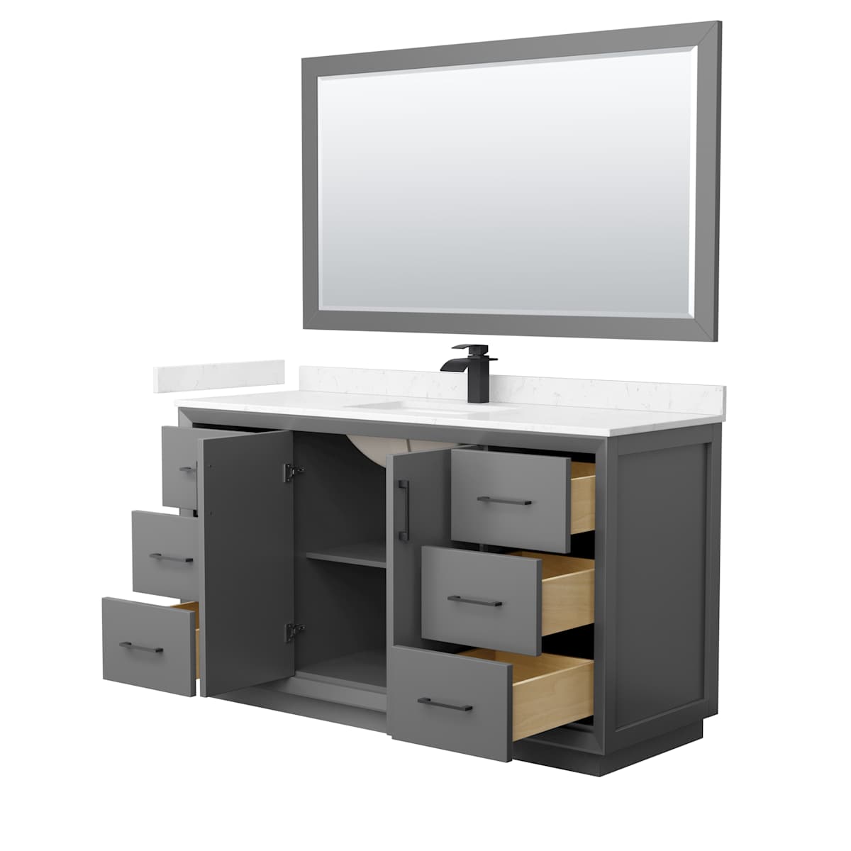 Strada 60" Free Standing Single Basin Vanity Set with Cabinet, Cultured Marble Vanity Top, and Framed Mirror