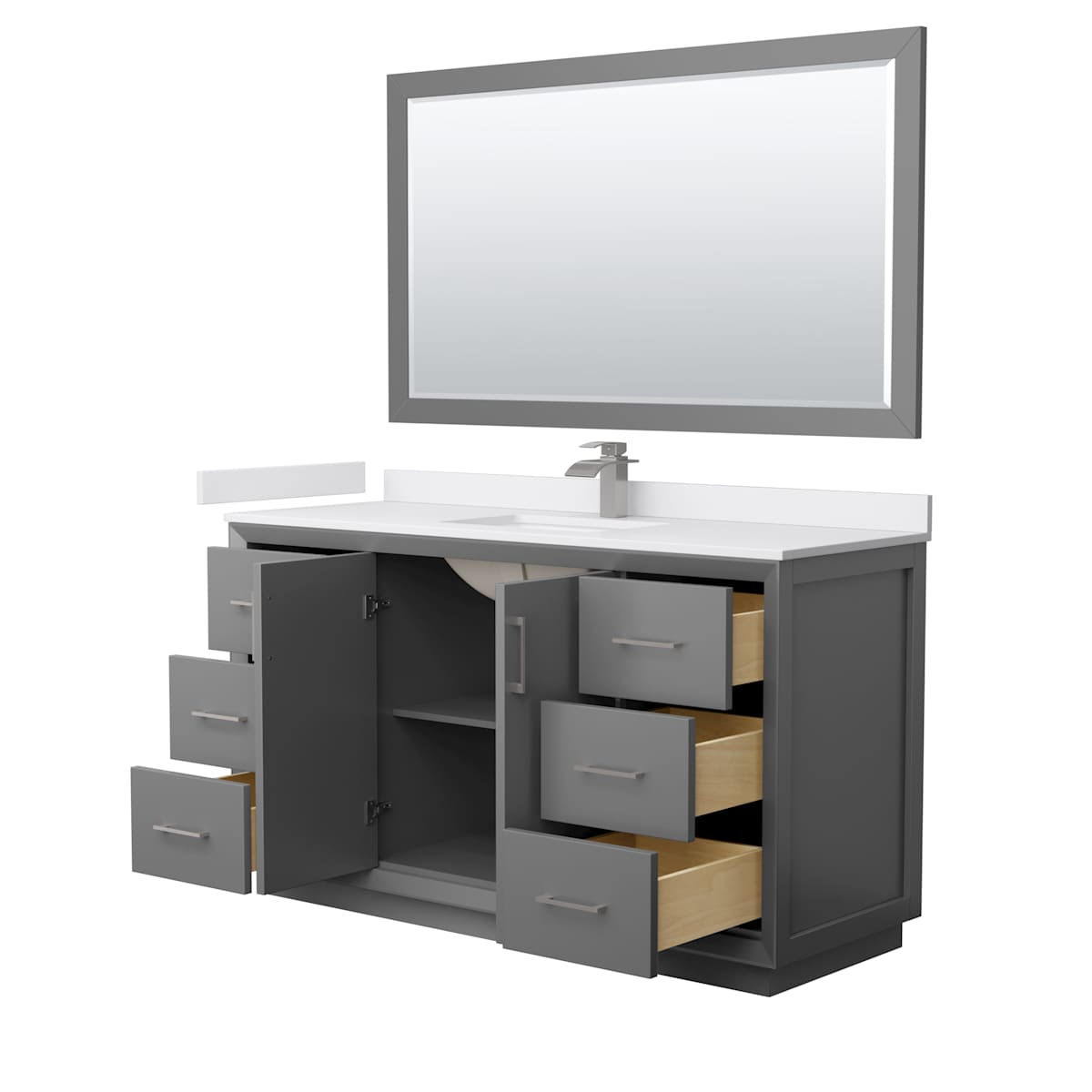 Strada 60" Free Standing Single Basin Vanity Set with Cabinet, Cultured Marble Vanity Top, and Framed Mirror