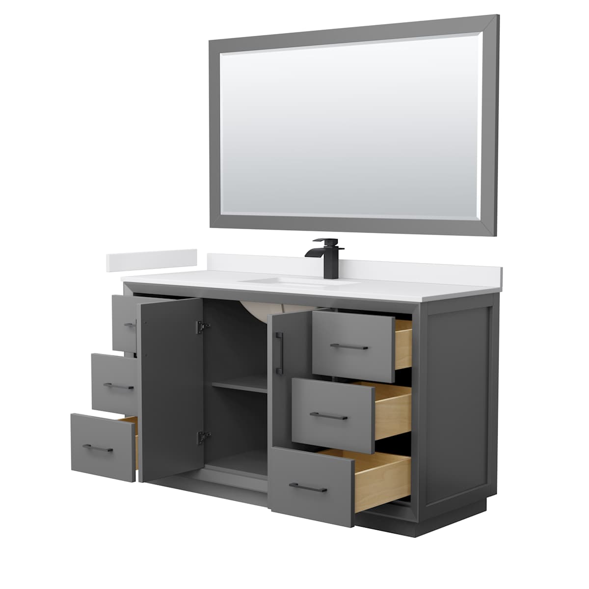 Strada 60" Free Standing Single Basin Vanity Set with Cabinet, Cultured Marble Vanity Top, and Framed Mirror