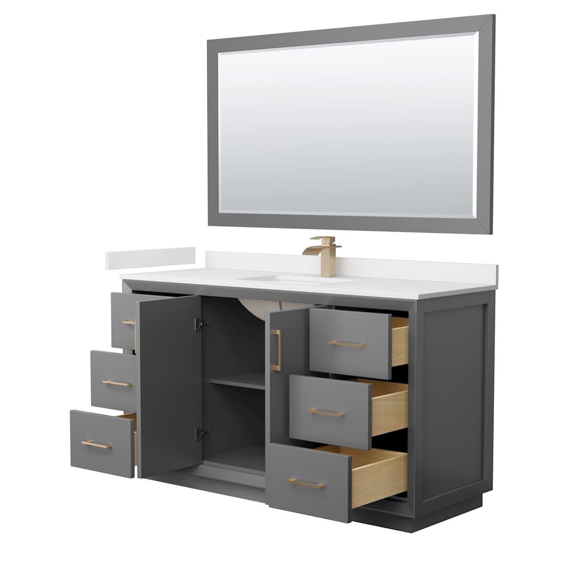 Strada 60" Free Standing Single Basin Vanity Set with Cabinet, Cultured Marble Vanity Top, and Framed Mirror