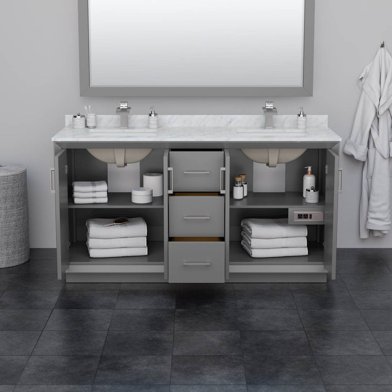 Strada 66" Free Standing Double Basin Vanity Set with Cabinet, Marble Vanity Top, and Framed Mirror - image 3
