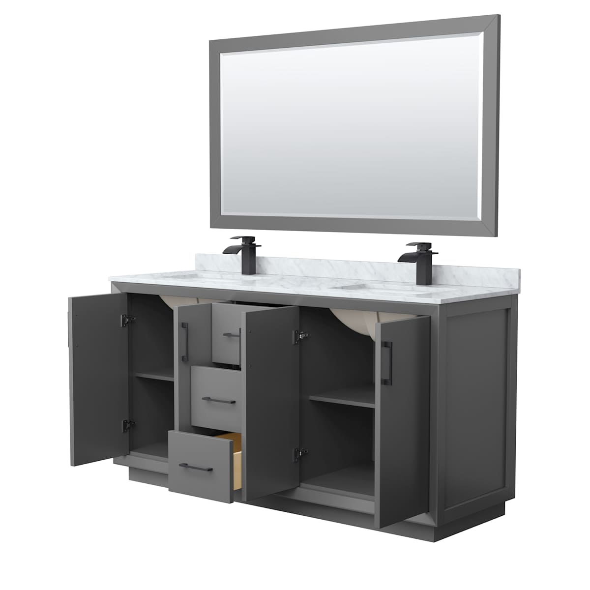 Strada 66" Free Standing Double Basin Vanity Set with Cabinet, Marble Vanity Top, and Framed Mirror - image 8