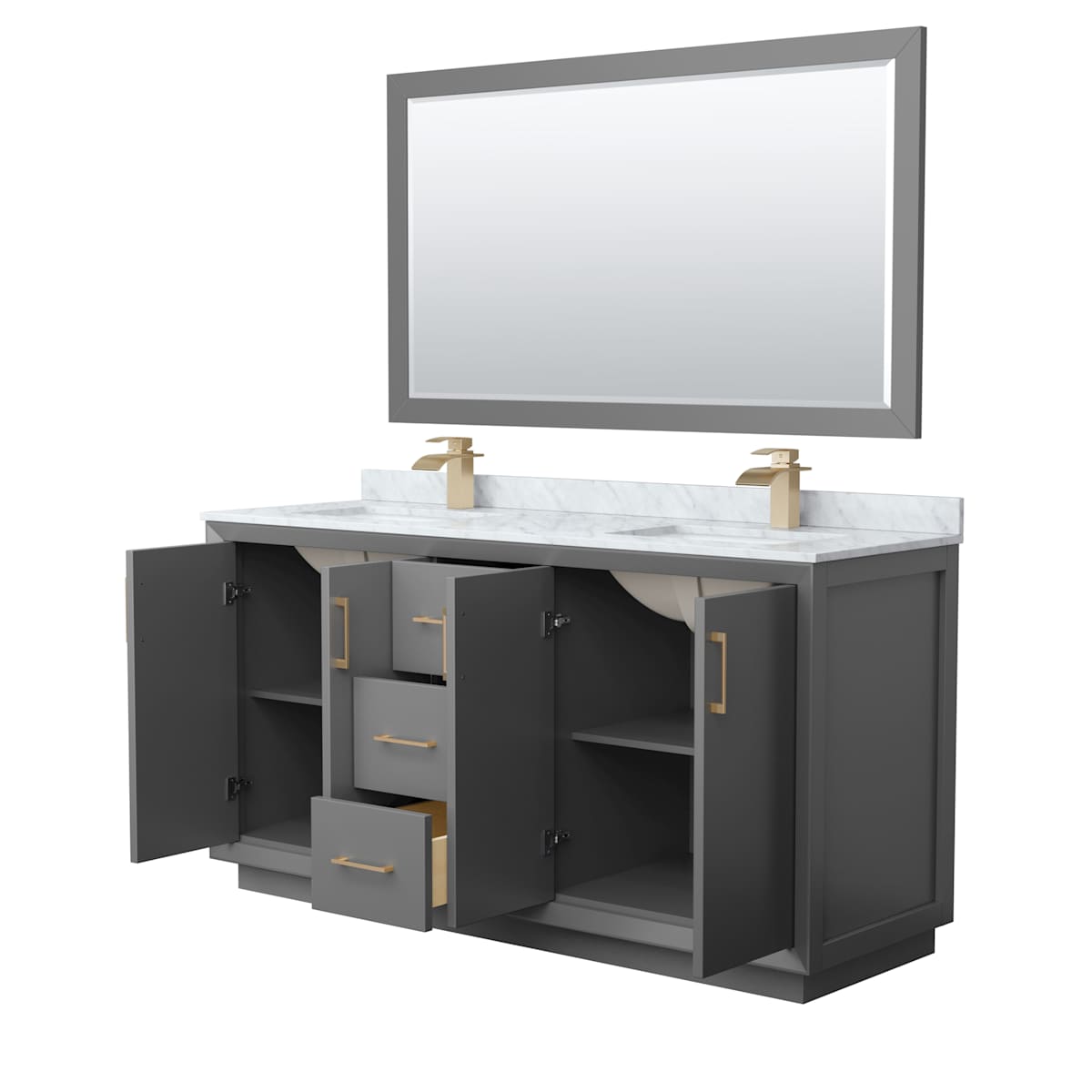 Strada 66" Free Standing Double Basin Vanity Set with Cabinet, Marble Vanity Top, and Framed Mirror