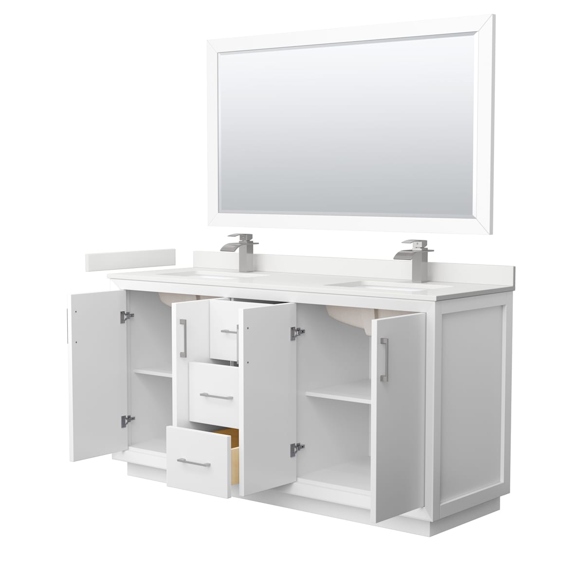 Strada 66" Free Standing Double Basin Vanity Set with Cabinet, Quartz Vanity Top, and Framed Mirror